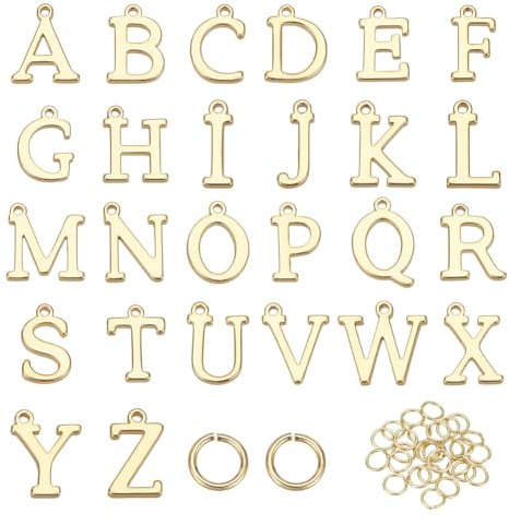 AHANDMAKER 26 Stück 18K Gold Gefüllte AZ Alphabet Buchstaben Charms Glatte Alphabet Anhänger Vergoldete Charm Anhänger Mit Anfangsbuchstaben Und Biegeringen Zur Schmuckherstellung