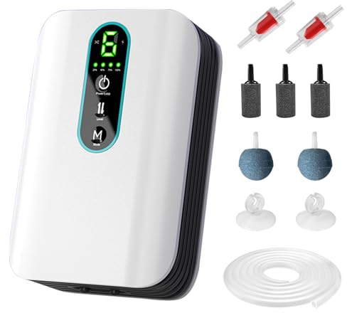 ASOFTY Aquarium Luftpumpe, Aufladbar Sauerstoffpumpe mit Doppel Auslass, Tragbare Belüfter für Fischtank, Einstellbarem Durchfluss, Ultra-Leise Sauerstoffpumpe