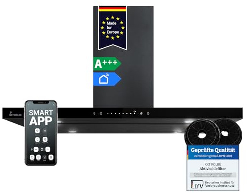 KKT KOLBE A+++ campana 90 cm 680 m³/h campana Aire de escape Aire Circulado Negro Vidrio Smart WiFi WLAN App Automatic SensorTouch incl. Filtro de carbón FLAT-ISLAND-6S