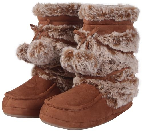 Forfoot House Slippers, Indoor Faux Fur Boots Slippers Warm Fleece Lining Moccasins Women Soft Sole Lace Pom Poms Home Shoes Size 11/12