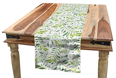 ABAKUHAUS Grünes Blatt Tischläufer, Olivenbaum, Esszimmer Küche Rechteckiger Dekorativer Tischläufer, 40 x 180 cm, Avocadogrün Olivengrün Weiß