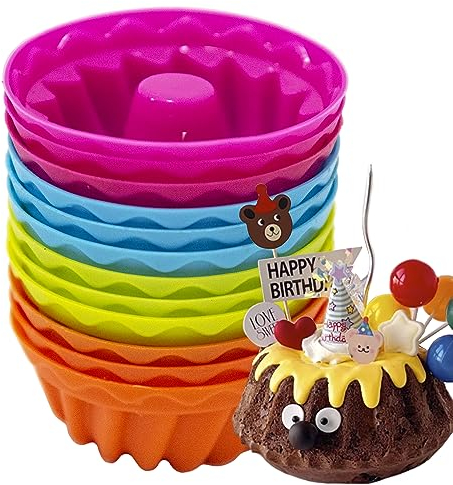 Mlying Mini Gugelhupfform Silikon 12 Stück Gugelhupf Backform Wiederverwendbare Muffinförmchen Cupcake Klein Kuchenform Mini Gugelhupf Ø 6,5cm, Höhe 3,5 cm (Rot, Orange, Blau, Grün)