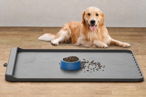 Dog Food Mat 36x24 - Silicone Dog Mat for Food and Water Large Pet Feeding Mats with Residue Collection Pocket - Waterproof Dog Cat Bowl Mat with High Edges to Prevent Water Food Spills (Gray)