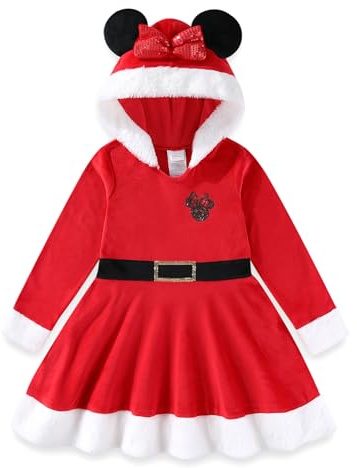Disney Princess Frozen Elsa Minnie Mouse Girls Christmas Holiday Long Sleeve Hooded Santa Dress for Toddlers to Large Children