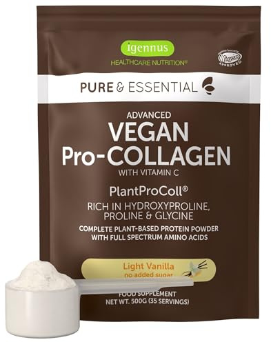 Igennus Colágeno Vegano en Polvo, Sabor a Vainilla, Suplemento Proteína de Péptidos Vegetales, 21 Aminoácidos y Vitamina C,Fórmula para Potenciar el Colágeno, Mezclar con Bebidas o Alimentos,35 Dosis