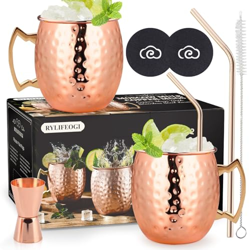 RYLIFEOGI Moscow Mule Becher 2er Set, 19oz Kupferbecher mit Jigger Strohhalme Geschenk für Bar, Party, Hausparty