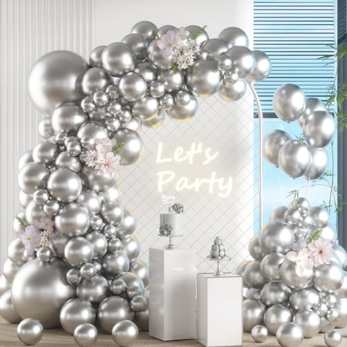Palloncini Argento, 105 Pezzi 18 12 10 5 Pollici Kit Arco Palloncini Metallo Argento, Ghirlanda Palloncini per Compleanno Matrimonio Battesimo Bambino Laurea Baby Shower Festa Decorazioni