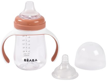 BÉABA, Trinklernbecher 2-in-1 für Kinder Babyflasche - Kindertasse mit Strohhalm - 100% dicht - Leicht zu öffnen - Abnehmbare Griffe -Tritan und Silikon - 210 ml -Terracotta