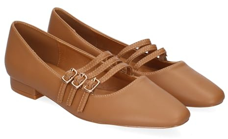 85525 Zapato de Mujer Estilo Merceditas, Comodas y Elegantes con Hebillas Decorativa y Tacon Bajo, Diseno Sofisticado con Puntera Fina. Camel Talla 38