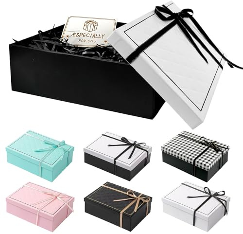 Caja Regalo, 25 x 18 x 8.5 CM Caja para Regalo Rectangulares, Plegable Cajas de Regalo con Tapa, Cajas Regalo Carton con Lazo Carda Rafia, para Boda Cumpleaños Navidad Valentín (Negro+Blanco)