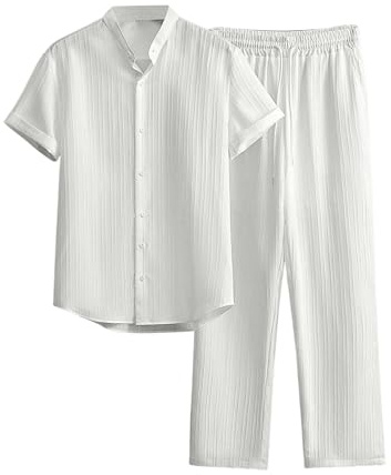 GORGLITTER Men's 2 Piece Outfits Textured Button Short Sleeve Shirt Drawstring Waist Loose Pants Set Tracksuits Vacation Outfit White Small