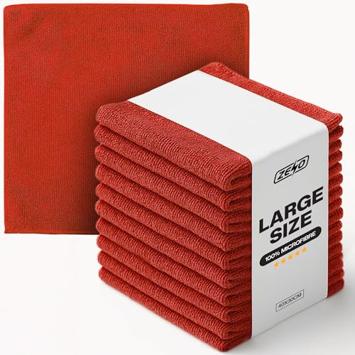 ZENO Microfibre Cloth 40 X 30CM | Cleaning Cloths | Ultra Absorbent Microfiber Cloths | Lint Free Microfibre Cleaning Cloth | Streak Free, Scratch Free Cloths for All Surfaces (10, Red)