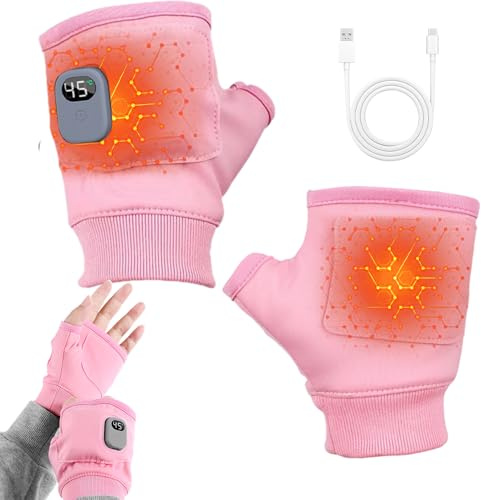 KUWUNG Heated Gloves Fingerless for Men Women, Electric Heated Gloves, Half-Finger, Fast Heating Digital Display Screen 3 Heating Levels 4 Time Settings Winter Cold Weather Rechargeable (Pink)