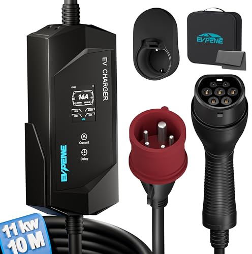 EVPEIWE Elektrisk billaddare 11 KW [8M | 3 fas | 6–16 A | 380 V] typ 2 EE-uttag, mobil laddningsstation för typ 2 EVs, justerbar laddningstid[0–12H], IP65