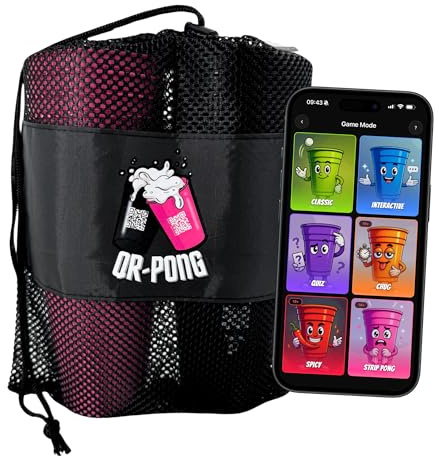 QR-Pong - Beer Pong con App e 3.000 divertenti compiti - 22 Bicchieri riutilizzabili in plastica rigida Made in Germany - Il regalo di compleanno più cool - Gioco da bere [NERO/ROSA] Set