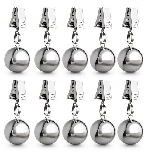 Qnbonrich Pinzas para manteles, pesos para mantel para exteriores, extra pesos, 10 unidades, bolas de acero inoxidable con clips, 66 g de peso, para mantel de exterior, cortinas, banderas, mesa de