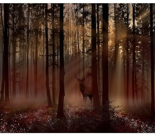 decomonkey Fototapete Wald Natur 250x175 cm Design Tapete Fototapeten Vlies Tapeten Vliestapete Wandtapete moderne Wand Schlafzimmer Wohnzimmer Hirsch Baum