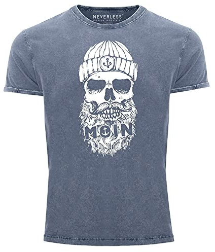 Neverless® Herren Vintage Shirt Moin Totenkopf Anker Skull Printshirt T-Shirt Aufdruck Used Look Slim Fit blau L