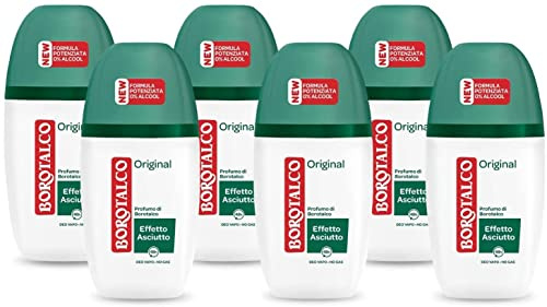 Borotalco, Original Vapo Deodorant mit Mikropuder, schweißabsorbierend, ohne Alkohol, weiche und feuchtigkeitsspendende Haut, Borotalkus-Duft, Deodorant für Männer und Frauen, 6 Flaschen à 75 ml