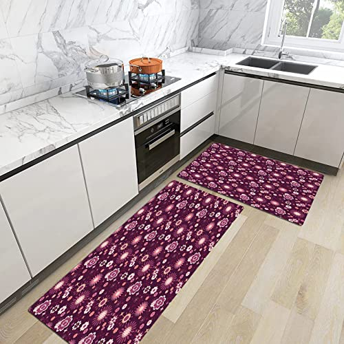 2stk Küchenteppich Waschbar rutschfest Küchenmatte,Aubergine, Abstract Floral Arrangement mit einer Vielzahl von niedlichen Blumen in ber,Küchenläufer Fußmatte Teppich Läufer Badematten 45x70+45x120cm