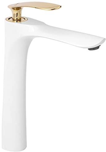 Rea Waschtischarmatur ORBIT WHITE GOLD HIGH Wasserhahn Bad Badarmatur aus Messing Armatur für Waschbecken Badezimmer Mischbatterie Waschbecken Einhebel (Weiß)