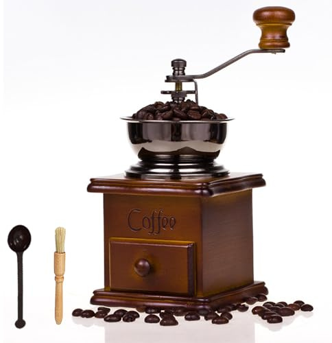 Molino de Café Manual de Madera Antiguo, Molinillo de Tambor con Manivela, Incluye Cepillo y Cuchara Medidora, para Café en Grano