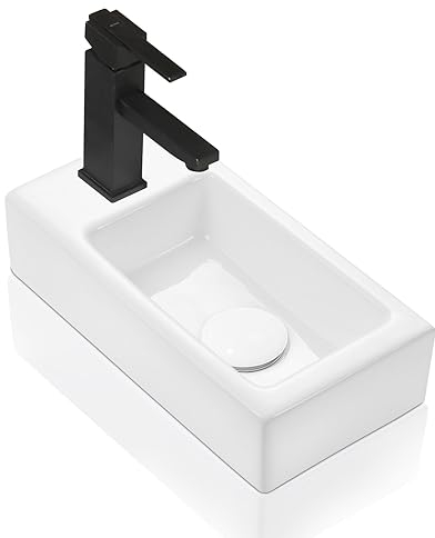 Lavabo Suspendu Salle de Bain, Petit Lavabo WC, Vasque de toilette invités, Mini Lavabo en Céramique, Trou de Robinetterie à Gauche, Sans Pop-Up Bonde de Lavabo, 37 x 18,5 x 9 cm