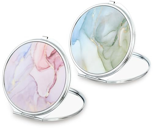 Dimeho 2er-Pack Faltbarer kompakter Spiegel runder Marmor-Kosmetikspiegel tragbar zusammenklappbar Handkosmetikspiegel ästhetischer doppelseitiger Planspiegel für Reisen Zuhause Büro Damen Geldbörse