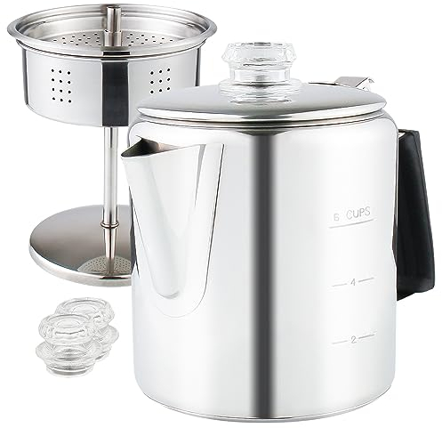 APOXCON Multi Use Coffee Percolator Stainless Steel Stove Top Coffee Maker with Heat Tough Glass Lid Silica Handle Camping Coffee Pot Using on Campfire - 6 Cups