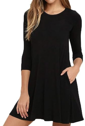 Anelune Women's A-line Tshirt Dress | with Pockets, 3/4 Long Sleeve, Knee Length, Round Neck, Autumn Casual Wear