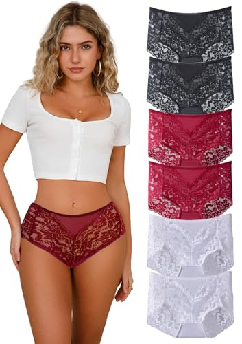 Hialegion sous-vêtements en Dentelle pour Femmes Taille Haute Sexy Bikini Culotte Trace Hipster Cheekster Blanc sous-vêtements 6 Pack L