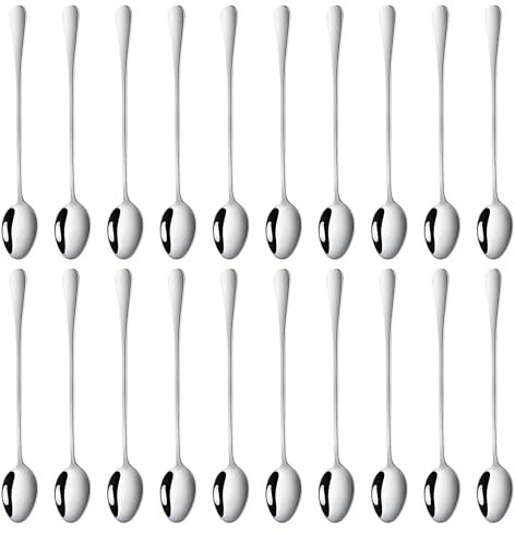 Set di cucchiai per latte macchiato, 20 cucchiai, cucchiai da dessert, cucchiaio lungo 19,3 cm, cucchiaio per latte macchiato per cocktail, caffè, tè, frappè, gelato, dessert (argento)