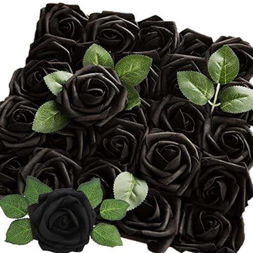 KARLOR Künstliche Blumen Rosen Schwarz 25 Stück Kunstblumen Schwarz Rosenköpfe Fake Rosen Seideblumen Blumenarrangements für Halloween Deko Punk Party Blumen Deko (Schwarz)