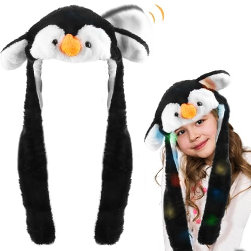 RosyFate Mütze mit Ohren, LED Mütze Kinder, Mütze mit Beweglichen Ohren, Tiermütze, Pinguin Spiel, für Geschenk, Kostüm Karneval, Mädchen, Jungen