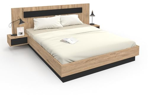 IDMarket - Lit Double Santa avec tête de lit + Tables de Chevet intégrées et sommier 160 x 200 cm Bois et Noir