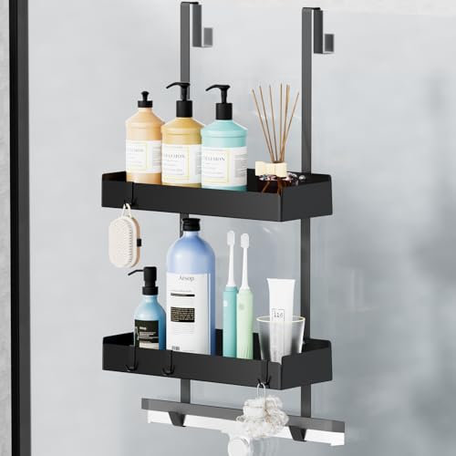 Wisfame Mensola doccia da appendere, mensola doccia da appendere per porte in vetro, supporto shampoo per doccia, senza foratura, colore nero, con 8 ganci, in acciaio inox 65,5 x 30 x 11,2 cm