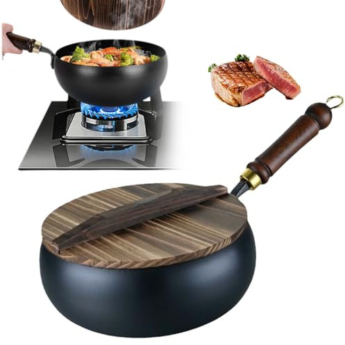 Wok Non Stick, 2025 New Chinese Handmade Cast Iron Wok with Wooden Lid, Cast Iron Frying Pan No Chemical Coated, Traditional Carbon Steel Woks, Ideal for Induction, Gas, All Hobs (24CM / 9.45Inch)