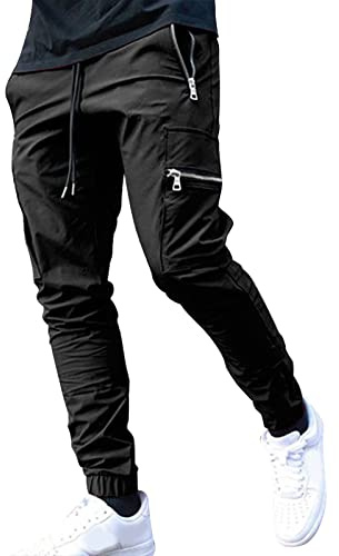 Cargo Joggers for Men UK Black Cargo Trousers Multi-Pocket with Zipper Sweatpants Slim Fit Tracksuit Bottoms Quick Dry Cuffed Pants Mens Joggers Work Pant Skinny Stretch Tracksuit Bottoms