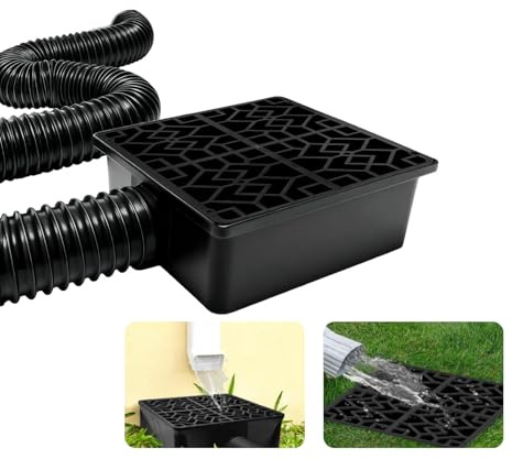Rain Gutter Downspout Extensions with 10×10in Catch Basin, Low-Profile Downspout Extender, Flexible Drainage Pipe Extends to 6.5ft, French Drain Kit & Rainwater Diverter for Foundation Protection