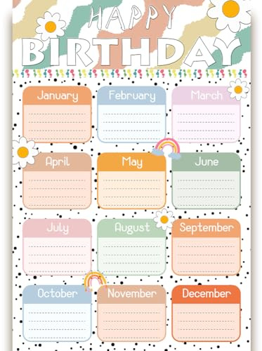 PRESSINART Affiche Anniversaire Arc-en-Ciel Calendrier Anniversaire Fleurs Marguerites Rappel Mensuel Dates Tableau Mural Panneau Bulletin pour Classe Bureau Maison Événements Décorations