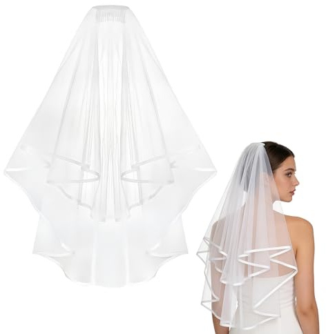 VBK Voile de Mariée Court Ivoire, Double Couche avec Ourlet Dentelle, Voile Cérémonie Élégant avec Peigne, Accessoire Mariage Simple et Raffiné, Longueur 80cm, Accessoire Cérémonie Mariage