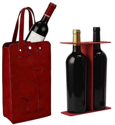 1 Pcs Felt Bottle Gifts Bag, Double Compartment Carry Handle Wine Gift Bag | Red Reusable Wines Carrier Tote Bags, Party Favors Travel Wedding Christmas Any Occasion