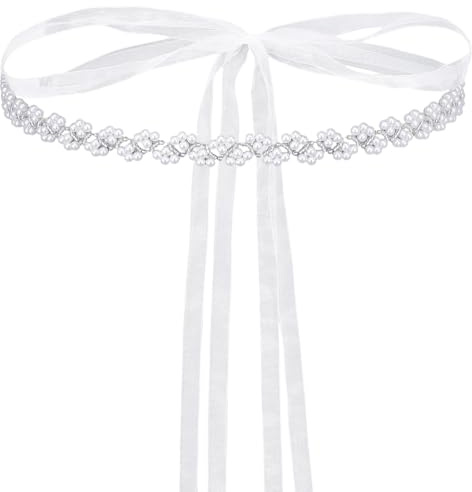 HekouJiub Bridal Wedding Belt Elegant Beaded Belt Pearl Ribbon Sash (White) | Adjustable Size, Comfortable to Wear Wedding Dress Versatile Use