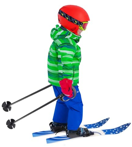 Esquís infantiles de doble tabla, color azul, ABS/PE/acero, fijaciones bidireccionales, con bastones de esquí y fijaciones antideslizantes, juego de esquí estable y ligero para niños de 2 a 8 años