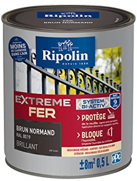 RIPOLIN - Peinture pour Fer Extérieur - Glycéro Antirouille - Sous-couche intégrée - Application directe sur Rouille - Résistante aux Intempéries, UV et Chocs - Brillant - 0,5L - Brun Normand RAL 8019