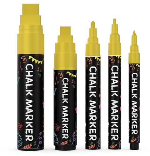 Chalkola 5 Gold Kreidestifte für Tafel & Fenster | Von 1mm fein bis 15mm dick | Ideal als Kreidestift, Kreidemarker, Tafelstift, Folienstift, Glasmalstifte & Fensterstifte | Feucht abwischbar