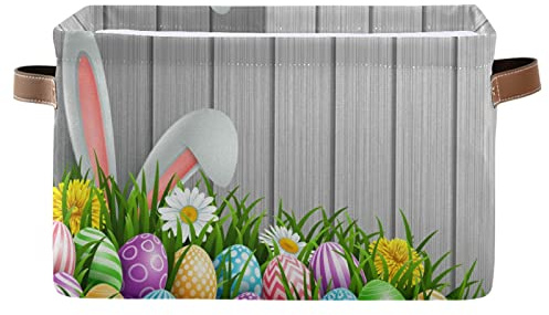 senya Easter Storage Basket with Handles, Easter Bunny Ears Flowers Wood Large Foldable Fabric Collapsible Storage Bins Organizer Bag for Storage
