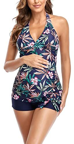 Maillot De Bain Maternité,Maillot De Bain Femme Tankini avec Culotte Maillots 2 PièCe Push Up EléGant Plage Floral Maternité Beachwear Tankini pour Grossesse Encein Bathing Suit