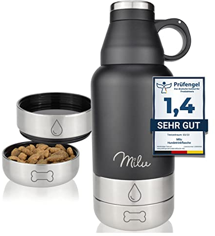 Milu Trinkflasche Hunde für Unterwegs 950ml - Wasserflasche mit Futternapf, Isolierte Edelstahl Hundetrinkflasche, Hundeflasche mit Futterbehälter, Napf, Hund, Wandern, Reisen, Spaziergang