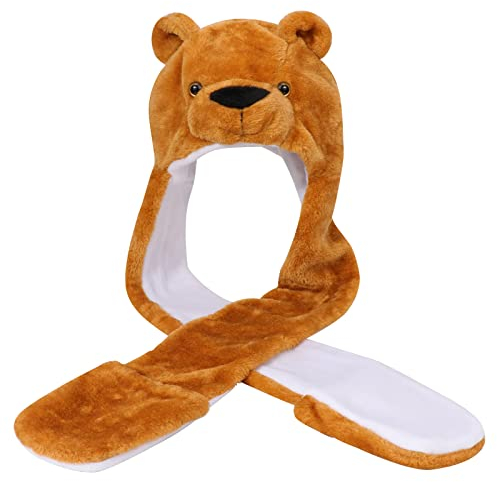PHOGARY Kapuzen Mütze Schal und Handschuhe Set für Damen, 3-in-1-Mütze Schal und Handschuhe Set Kunstpelz Cartoon Tierhut Bär Mütze für Cosplay Kostüme Karnevalskostüme, Brauner Bär